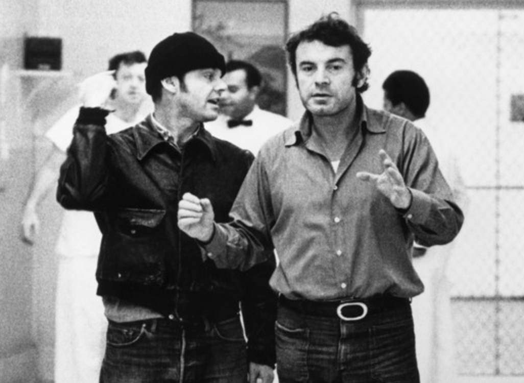 Photo of actor Jack Nicholson and director Milos Foreman on set of One Flew Over the Cuckoo's Nest.